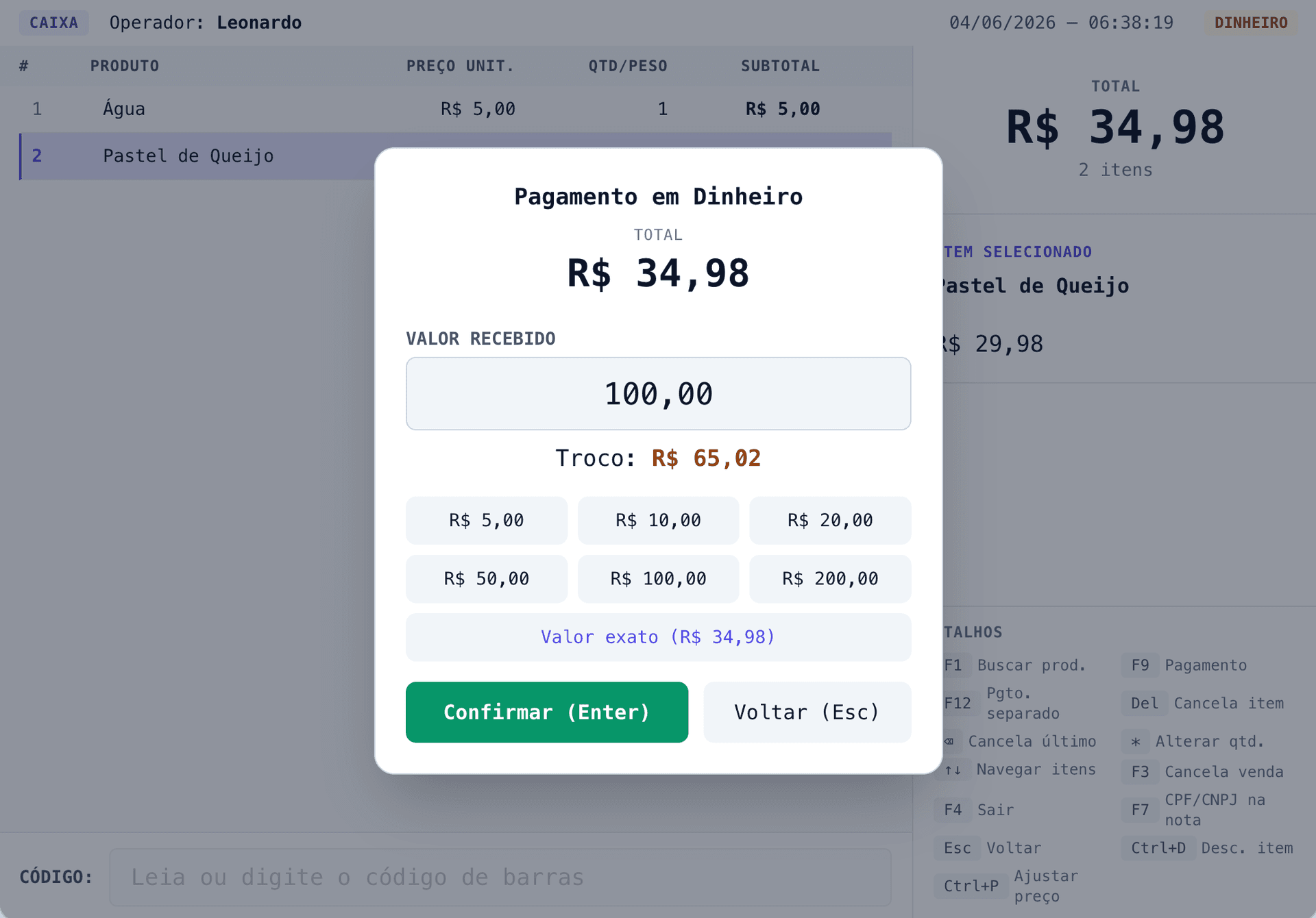Screenshot do modo caixa — venda rápida no balcão com leitor de código de barras e impressão de recibos